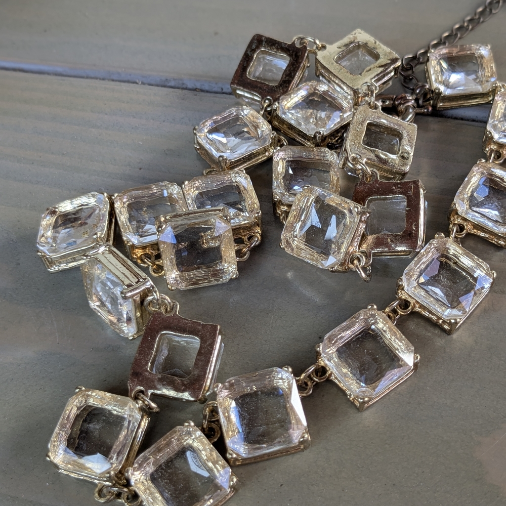 2 Vintage Gold Tone Layered Necklaces Champagne Glass Crystal Square Link Set - Picture 9 of 12
